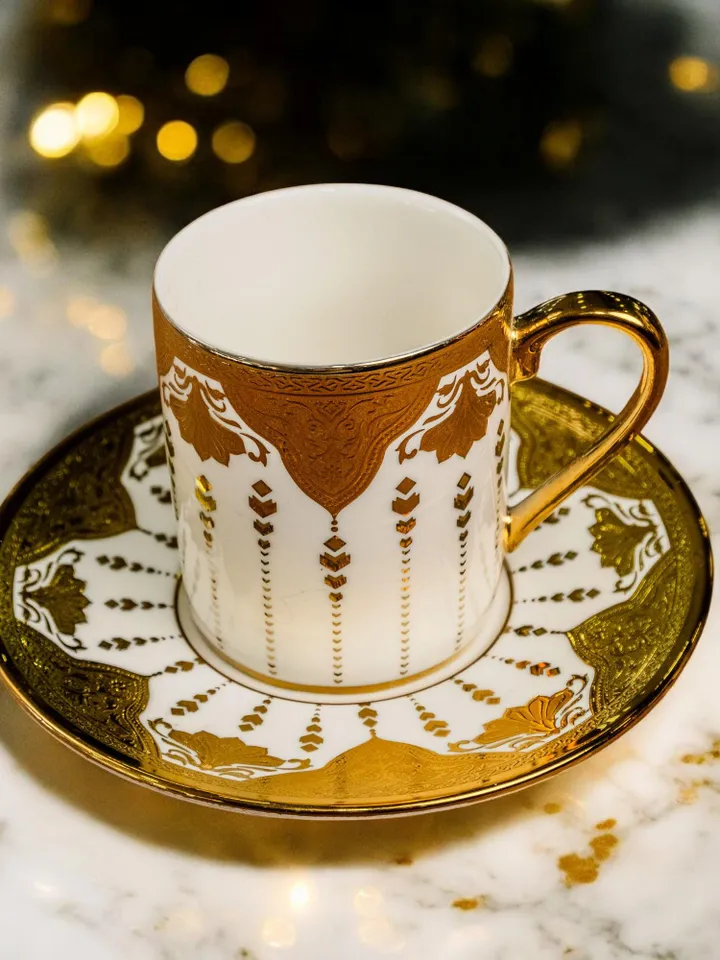 14K Genuine Gold Powder Porcelain Tea Cups And Saucers | Tea Cups Saucers Set | Gold Porcelain Set | Elegant Teaware | Gift For Tea Lovers