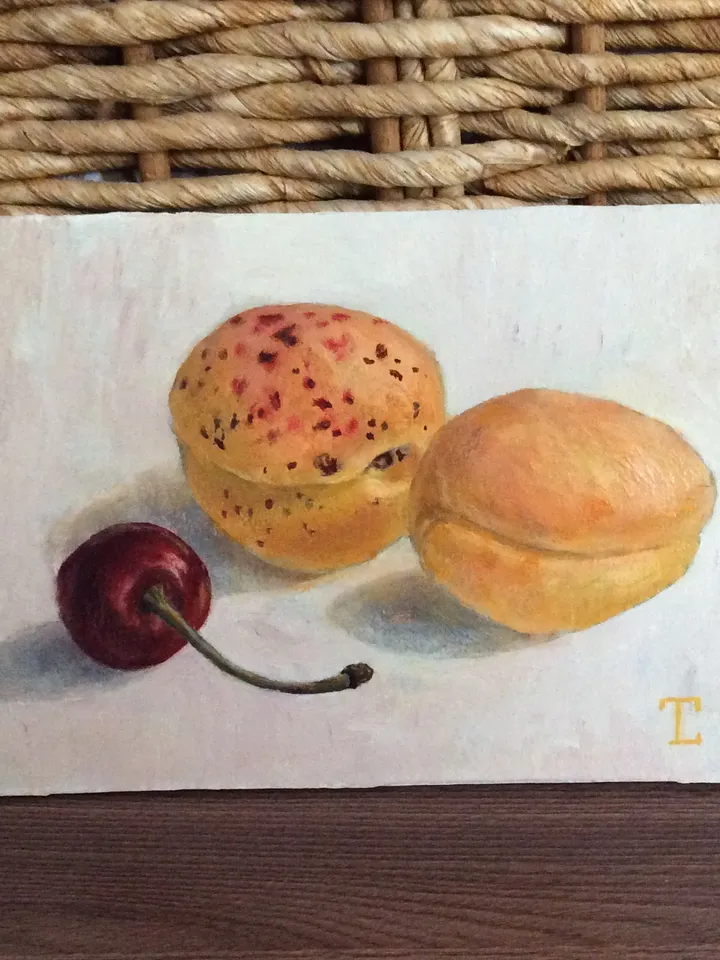 "Apricots with cherry" artwork oil painting original wall art stilllife fruit picture