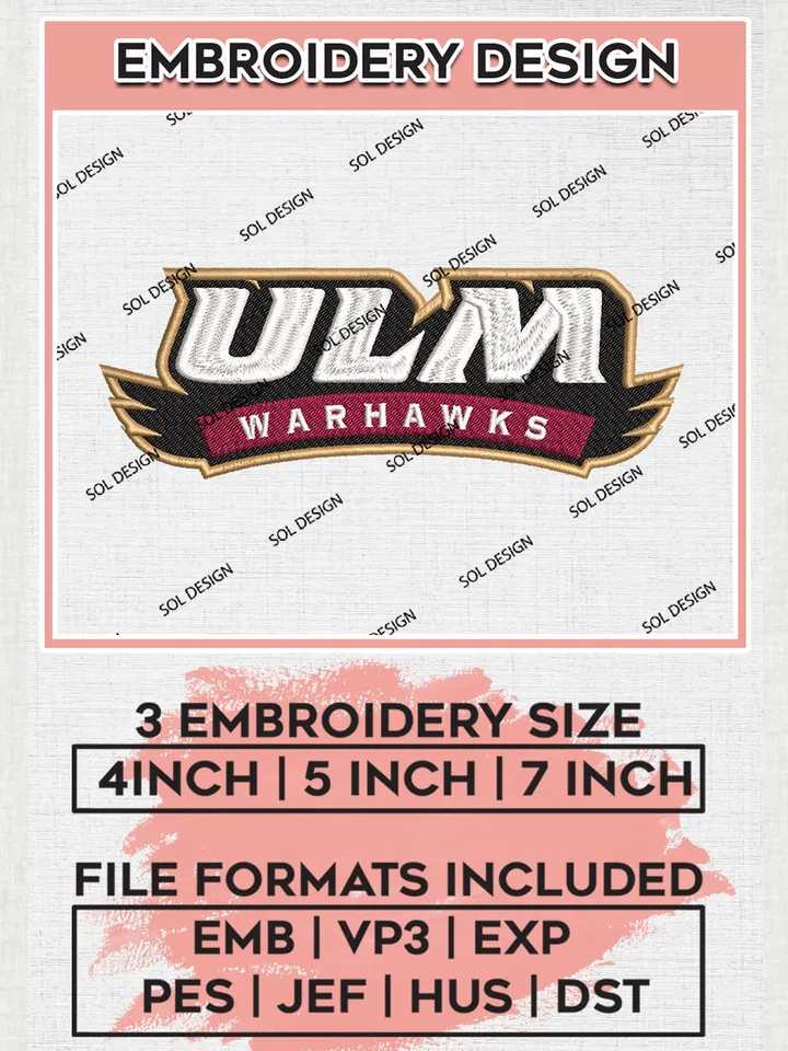 NCAA ULM Warhawks Team Logo embroidery designs, NCAA UL Monroe Warhawks Machine embroidery designs, NCAA College Team Logo embroidery designs, Machine embroidery designs, Digital Download
