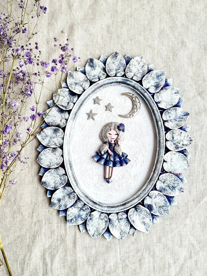 Ornate wall frame White wall decor Moon and Stars doll Girl wall art for nursery