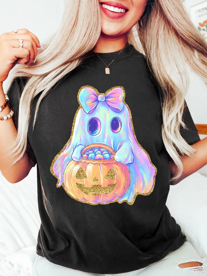 Iridescent Ghost Pumpkin PNG, Coquette Halloween Design, Iridescent Ghost Pumpkin Design, Halloween PNG, Girly Halloween Png, Cute Ghost Png
