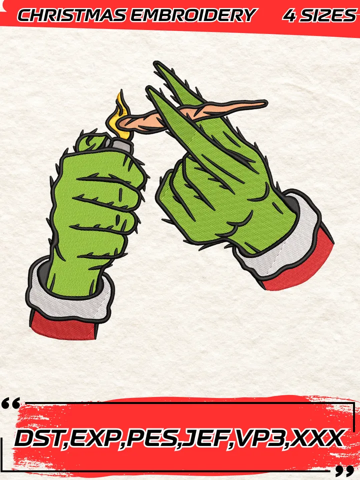 Grinch Hands Smoking Merry Christmas Embroidery Design,Christmas Embroidery Design,4 Sizes,Digital Download