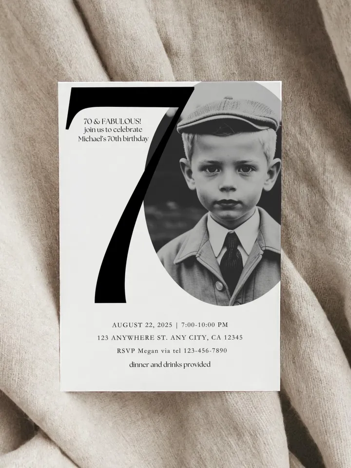 70th Birthday Party Invitation Card, Look Who's 70, Editable 70th Birthday Card Template, Printable Minimalist Birthday Photo Card Canva