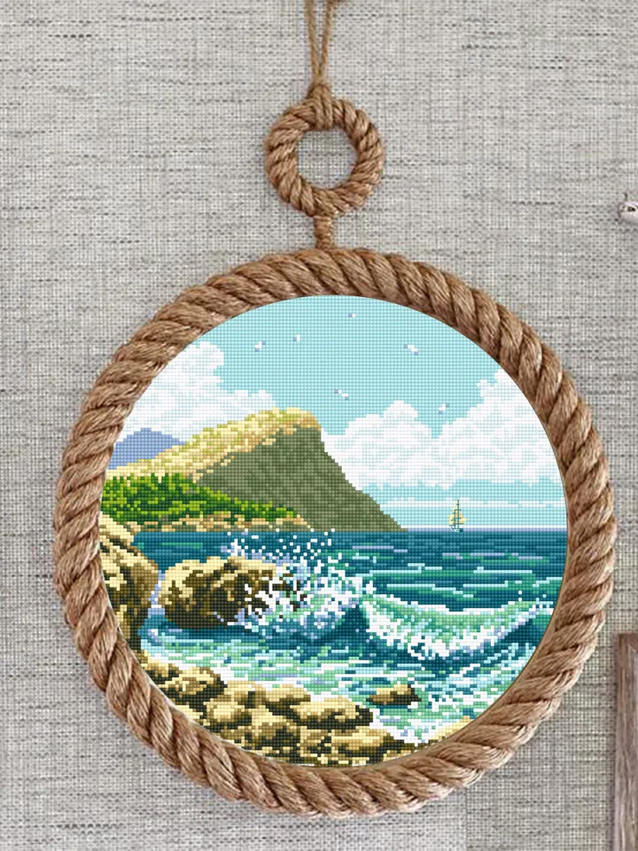 Sea landscape cross stitch pattern download PDF Ocean waves cross stitch chart Nature hand embroidery PDF Summer cross stitch sampler #L37