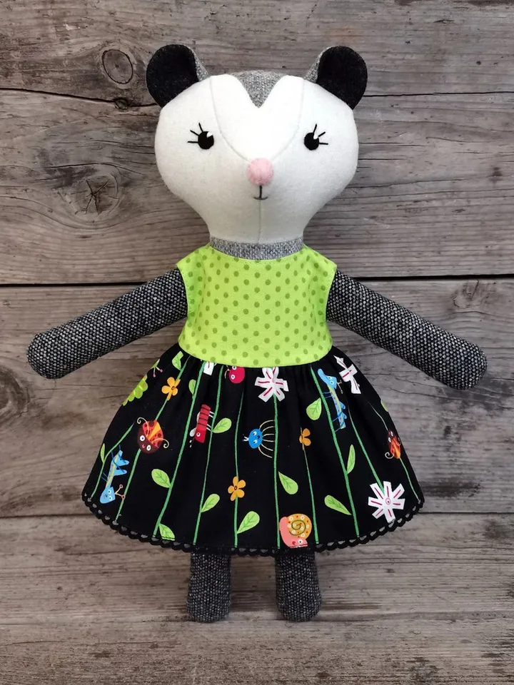 Gray possum girl, plush animal doll, wool stuffed opossum toy