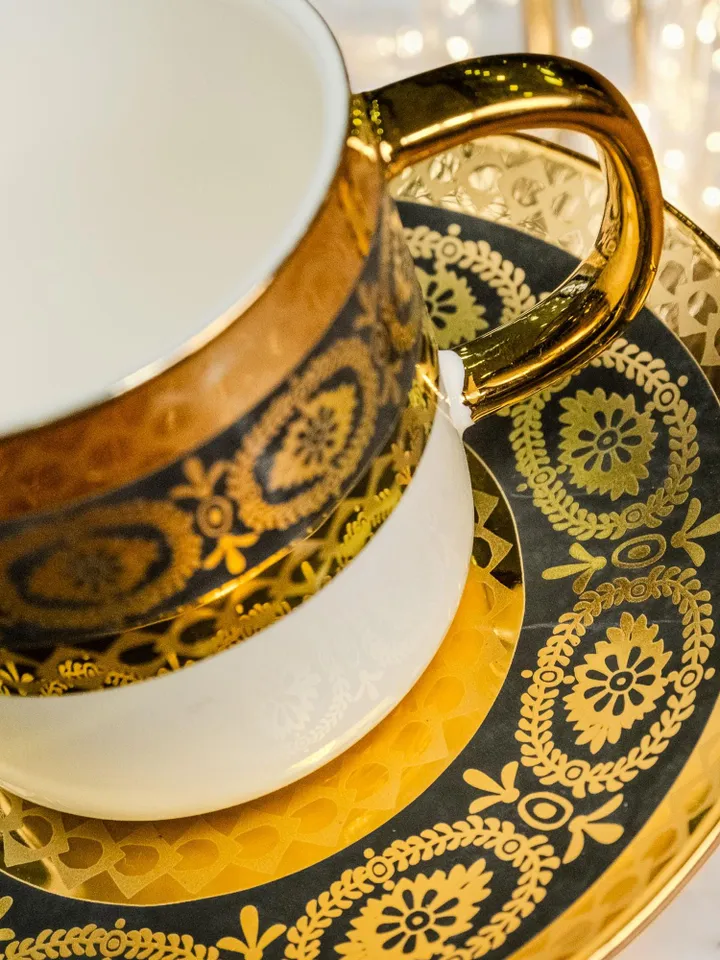 14K Genuine Gold Powder Porcelain Tea Cups And Saucers | Tea Cups Saucers Set | Gold Porcelain Set | Elegant Teaware | Gift For Tea Lovers