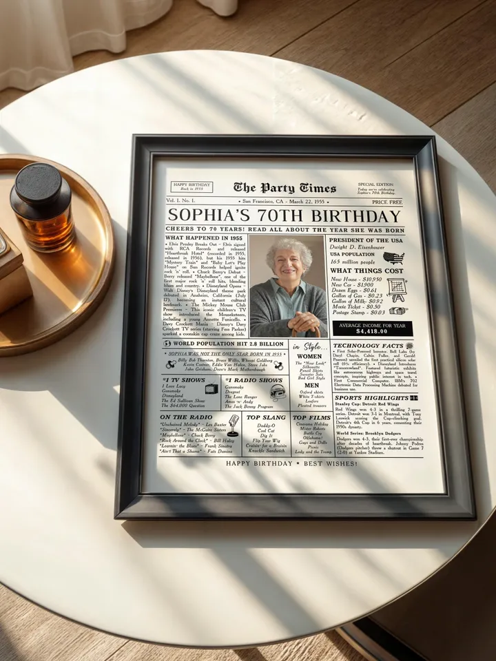 70th Birthday newspaper poster, Printable 70th birthday party decor, Birthday poster with fact, news & highlights from 1955 in USA