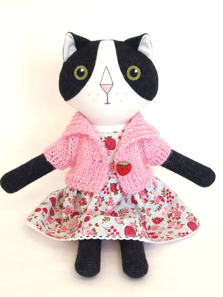 Tuxedo cat girl, handmade plush kitten toy, stuffed wool doll, soft cat toy