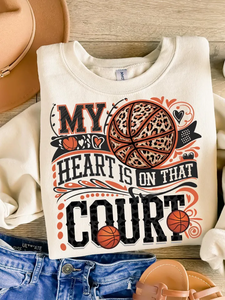 My heart is on that Court Basketball PNG Game Day Tshirt Design Leopard Heart Basketball Mom Mama Sublimation Design Digital Download File