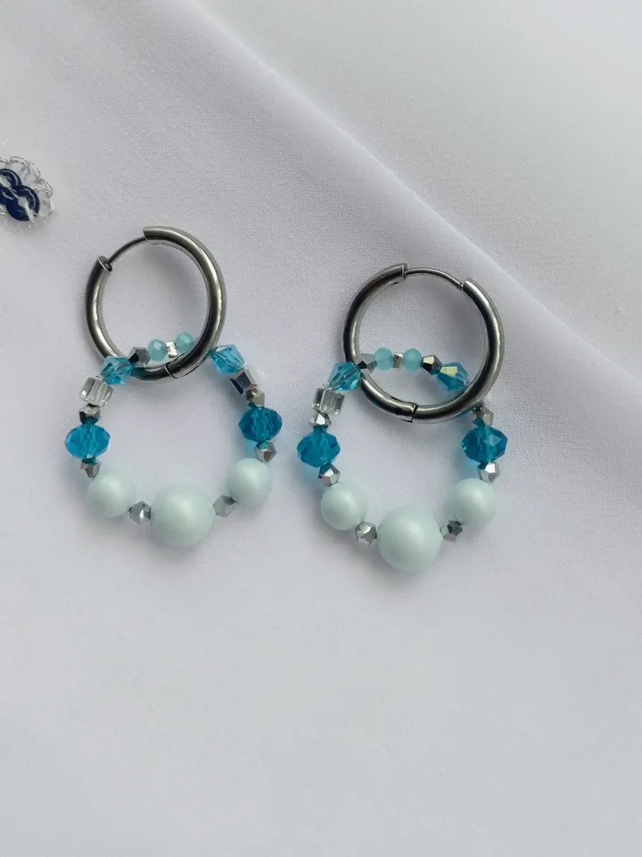 Handmade hoop earrings transformers with 6 pendants, blue and silver heart shaped earrings, Swarovski pearls earrings