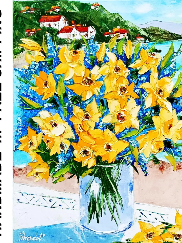 Daffodils Painting Italy Original Art 20x16 Italy Amalfitan Seaside Coast Painting Panorama Blooming Marina Southern Sorrento Art