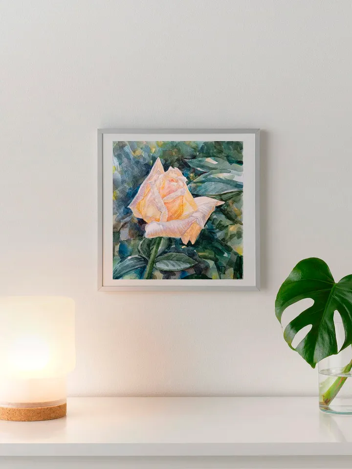 "Yellow Rose" Flower Original Wall Art Painting Watercolor Artwork, 17x17cm.