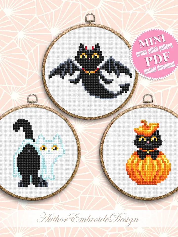 Set Halloween cats cross stitch pattern PDF download Cute black cat embroidery PDF, Funny home cat decor, Ghost cat cross stitch chart #H65