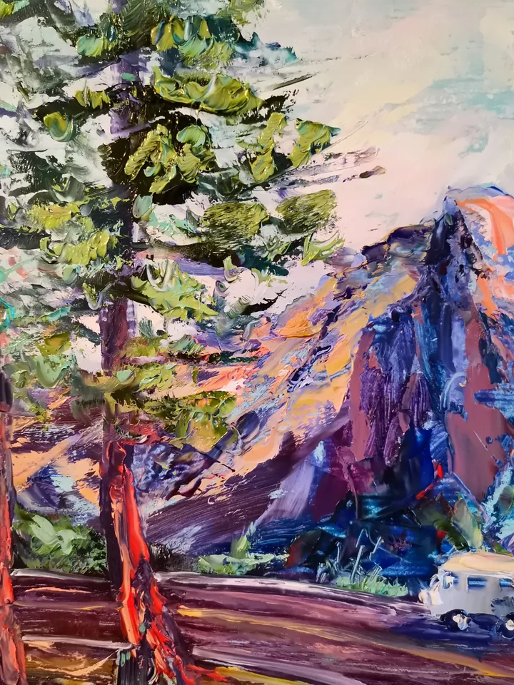 National Parks Trees Mountain Car Road Original Art Oil Painting Artist Svinar Oksana