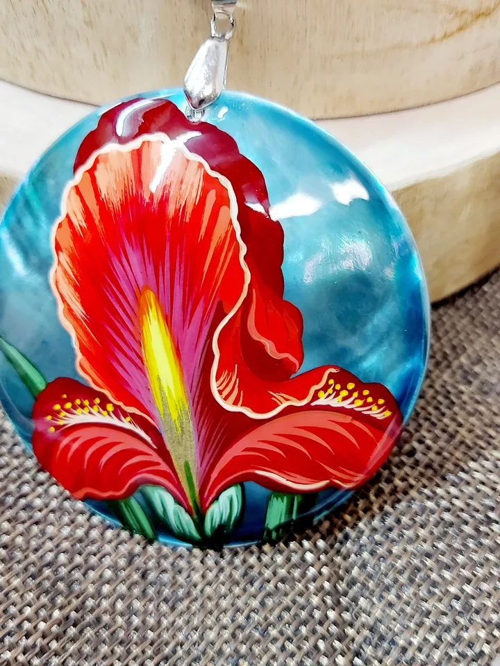 Iris. Flowers of spring. Fans of irises. Hand-painted pendant. Mother-of-pearl. A floral gift. Hand painted miniature painting. Miniature