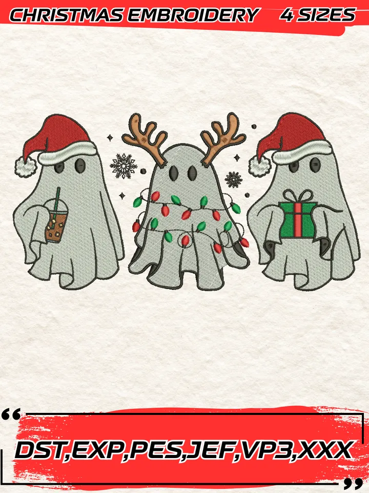 Cute Ghost Christmas Embroidery Design,Christmas Embroidery Design,4 Sizes, Digital Download