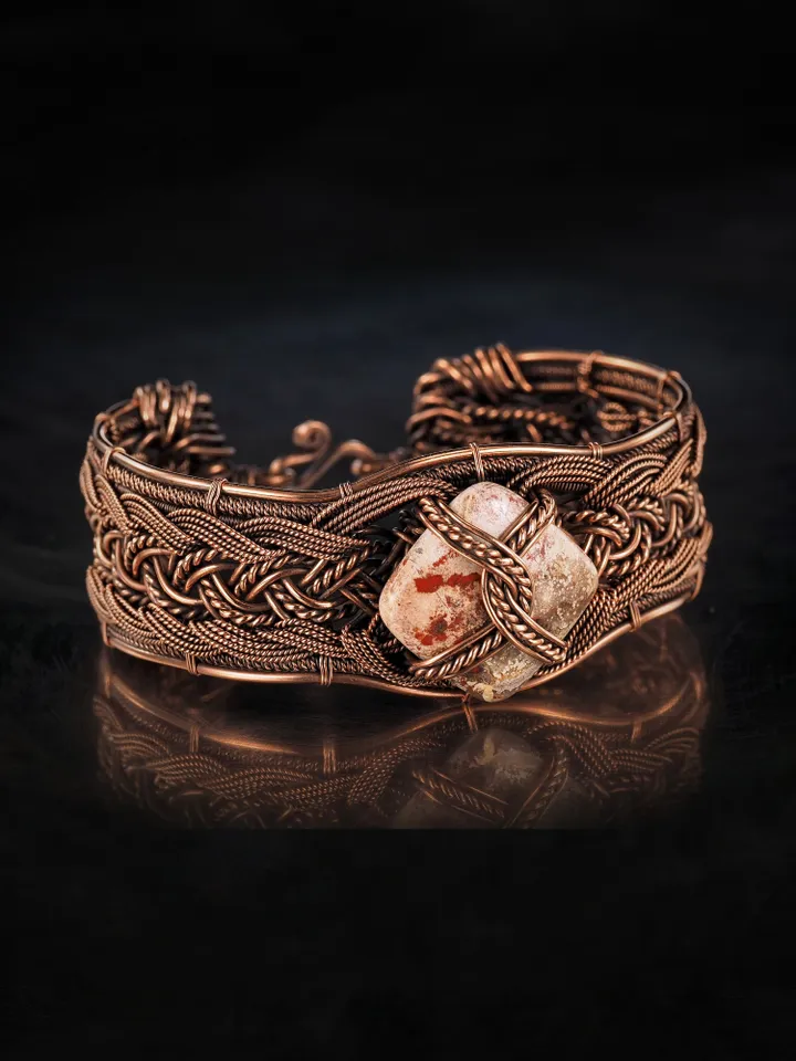 Copper wire wrapped jasper bracelet Unique woven copper wire bangle
