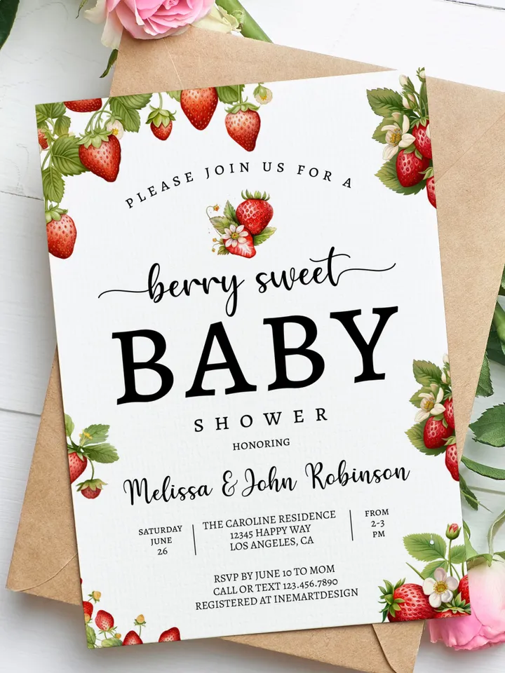 Editable Strawberry Baby Shower Invitation Berry Sweet Baby Shower Invite Berry Sweet Baby Shower Invite Printable BSH001