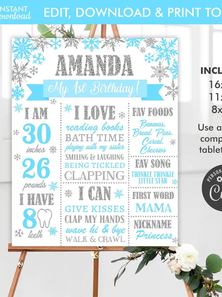 Winter Onederland 1st Birthday Sign, Winter Onederland Birthday Boy Decorations, Milestone Birthday Poster, Editable Template Digital File