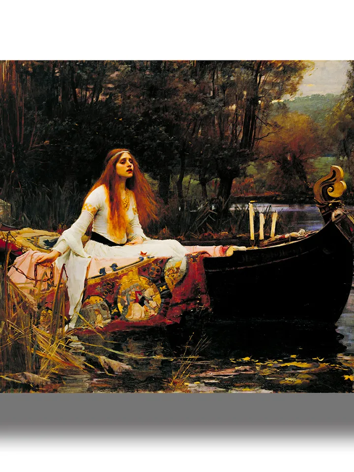 Lady of Shalott. John The woman in the coffin print. Pre-Raphaelite illustration of a Celtic myth.
