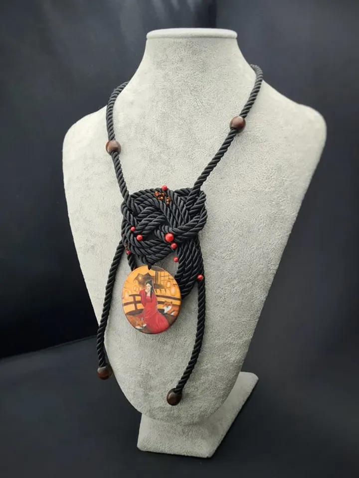 Kitsune necklace real oil painting miniature on jasper One of a kind Present OOA