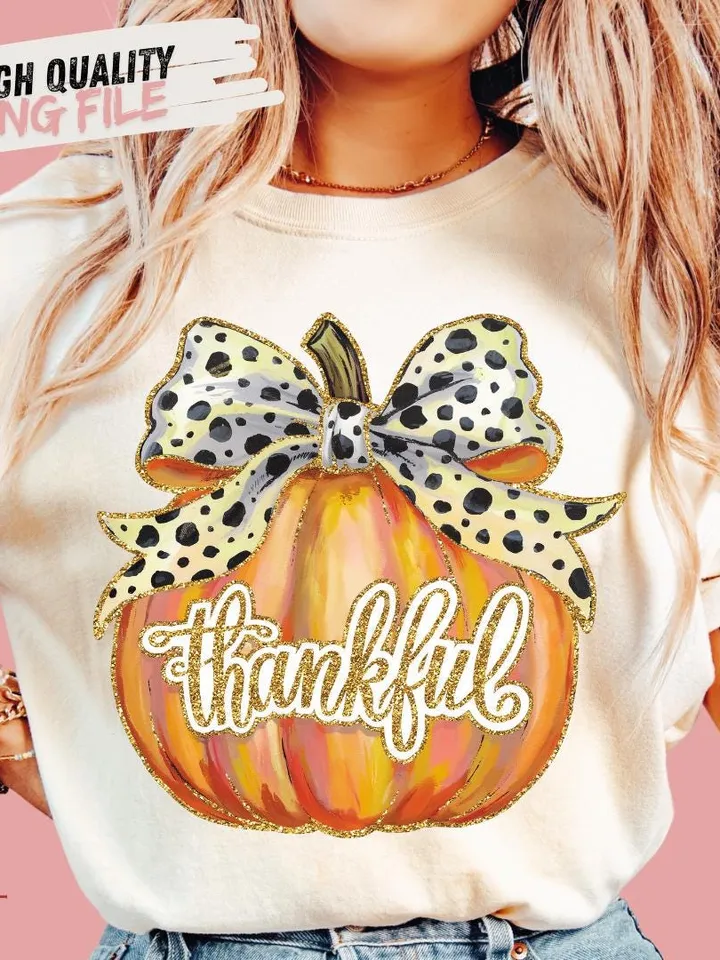 Colorful Coquette Gold Glitter Pumpkin Png Thankful Pumpkins Sublimation Png Trendy Thanksgiving Design Girly Fall Png Acrylic Brushstroke