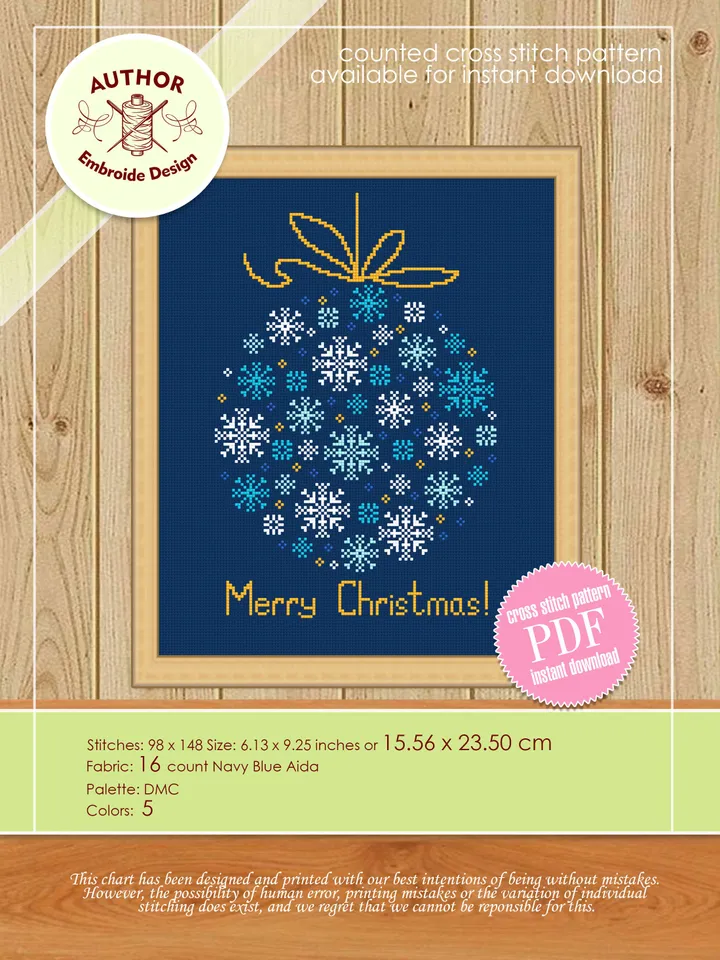 Merry Christmas cross stitch pattern download PDF Snowflake ornament cross stitch chart Christmas pattern digital Holiday embroidery #N45