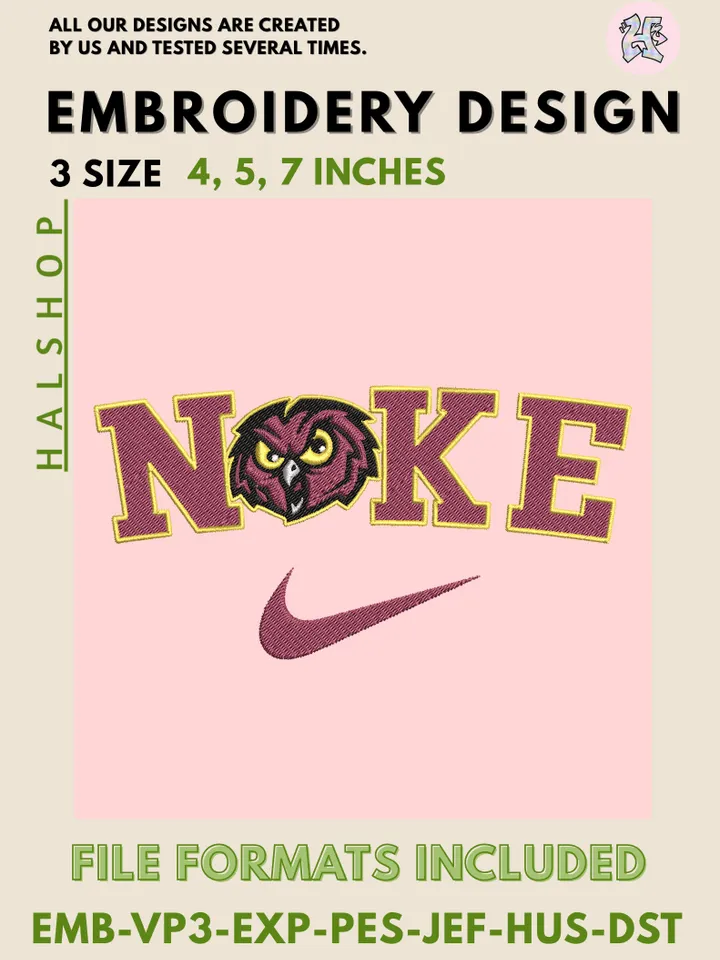 Temple Owls Nike Logo Embroidery Designs | NCAA Machine Embroidery Files | 3 Sizes, 6 Formats | College Team Design