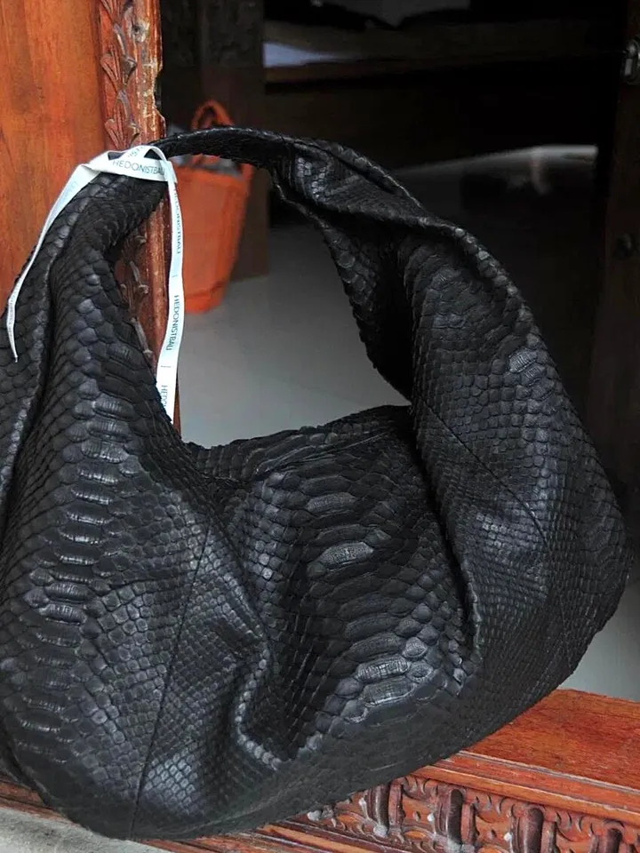 Big Soft Hobo Classy Sport Woman Bag | Purse Genuine Python Skin | Reptile Skin Products | Black Big Elegant Leather Designer Soft Bag Snake