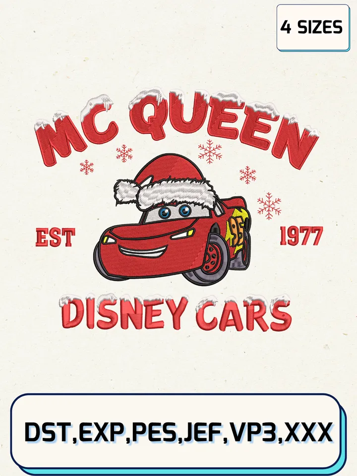 Christmas Cars Mc Queen Est.1977 Embroidery Design,Christmas Embroidery Designs,Machine Embroidery Files,Cars Mc Queen Embroidery Design,4 Sizes