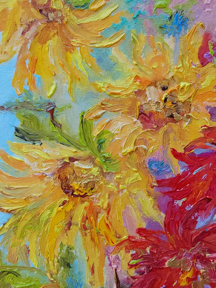 "Still life. Sunflowers" oil painting on canvas 30x30cm (12x12inch)