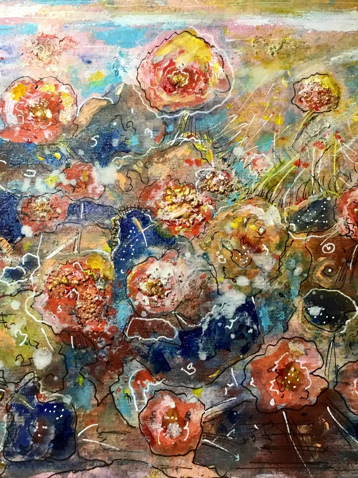 Abstract fantasy mix media watercolour and acrylic original painting on paper,abstract wall art,landscape flowers pink gold.