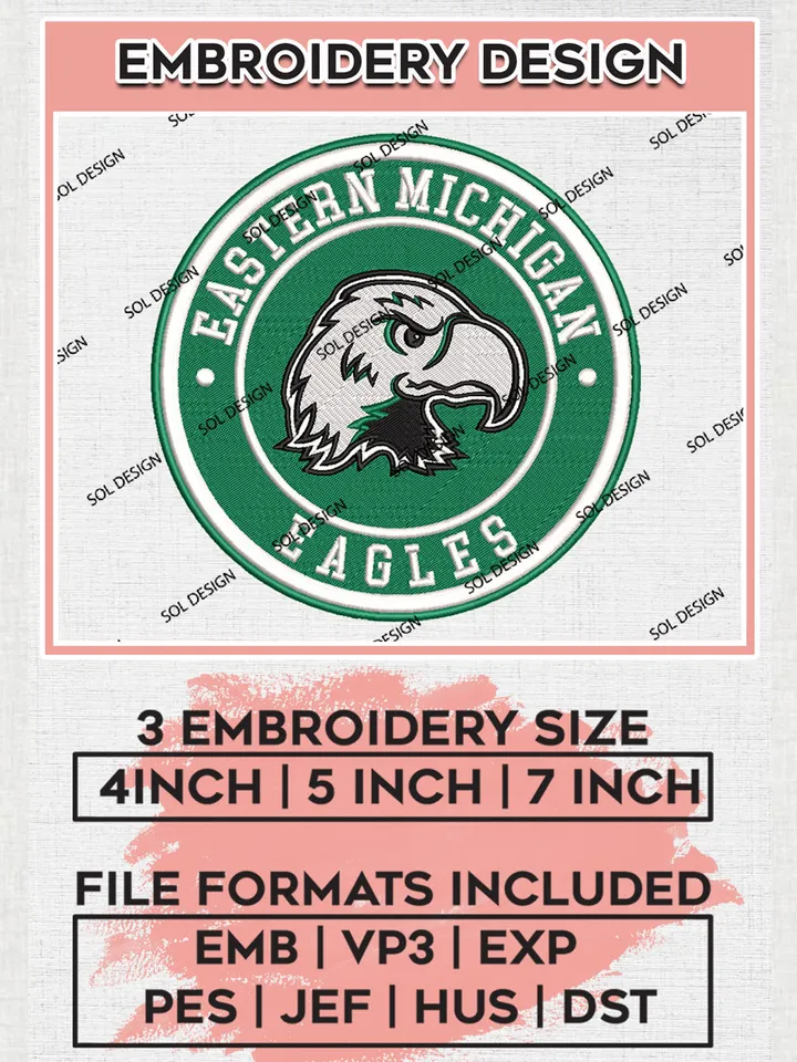 NCAA Eastern Michigan Eagles Round Logo Embroidery, NCAA Eastern Michigan Team Logo Embroidery files, NCAA Teams, Machine embroidery designs, Digital Download