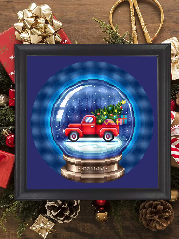 Vintage Christmas cross stitch pattern download PDF Red truck cross stitch chart, Snow ball embroidery PDF, Christmas ball cross stitch #N61