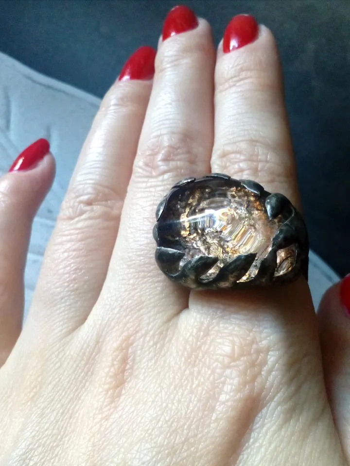 BIG Glass fused ring, twig leaves ring, tiffany ring, Forest ring, transparent ring, tin soldered ring, Halloween ring