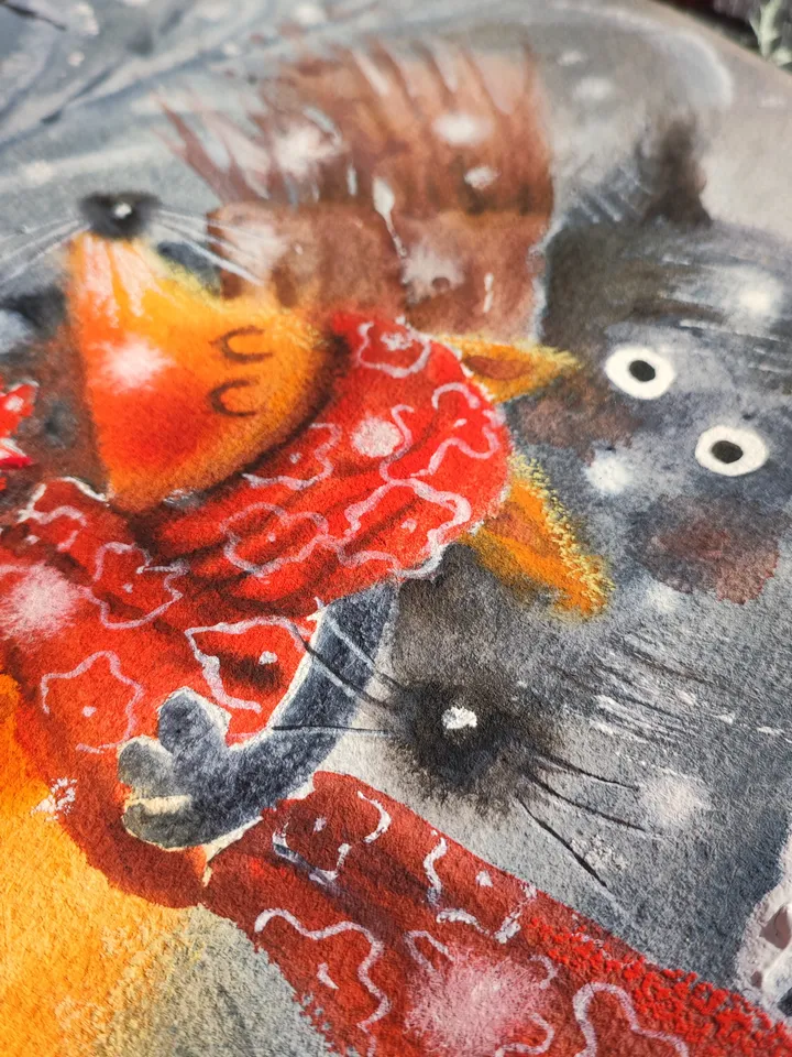 27×27cm Artwork by Julia Schigal "Winter Date" - watercolor, gouache, pastel