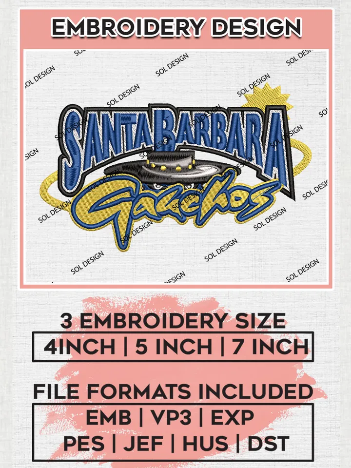 NCAA Santa Barbara Gauchos Team Logo Embroidery Design Files, NCAA UC Santa Barbara Gauchos Machine Embroidery, NCAA Teams, Game Day, 3 sizes, NCAA Machine embroidery designs, Digital Download