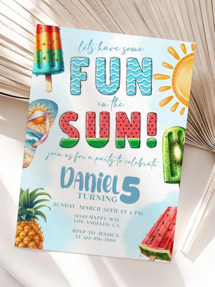 Summer Birthday Invitation, Summer Invite, Fun in the Sun Birthday Party Invitation, Ice Cream Popsicle Watermelon, Editable Template