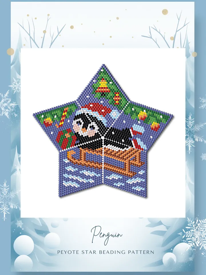 Sledding Penguin, 3D Peyote Star Beading PDF Pattern, Beadwork Christmas Ornament, Winter Landscape