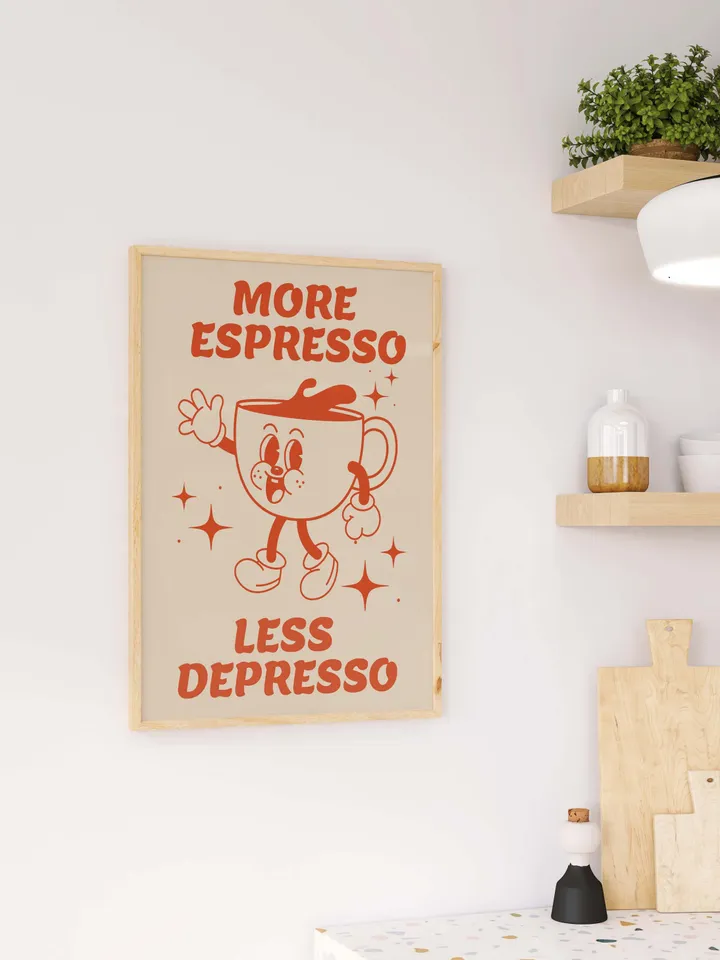 Espresso Digital Wall Art, Coffee Lover Art Print, More Espresso Less Depresso Print, Retro Coffee Quote Print, Trendy coffee poster