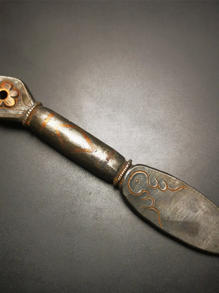 Gandhanra Tibetan Amulet Vajra, Kila Dagger (Dorje Phurba),Dharma Ritual,Made of Cold Iron inlaid with Copper