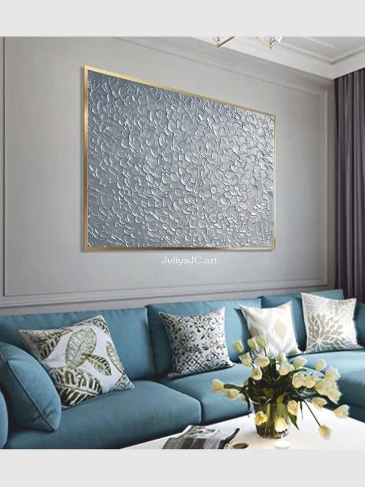 Silver Abstract Wall Art Glittery Silver Painting Textured artwork | Living room wall art Light Silver home decor
