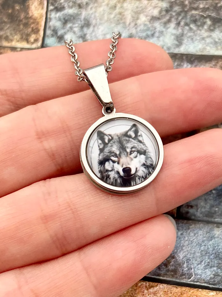 Wolf head necklace, steel pendant with glass, Wolf lover gift