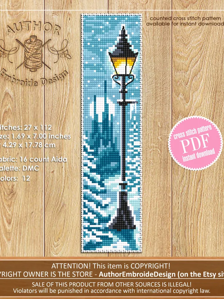 Winter bookmark cross stitch pattern PDF download Magic handmade bookmark digital PDF, Wizard world, Fairy Lamp post cross stitch #B146