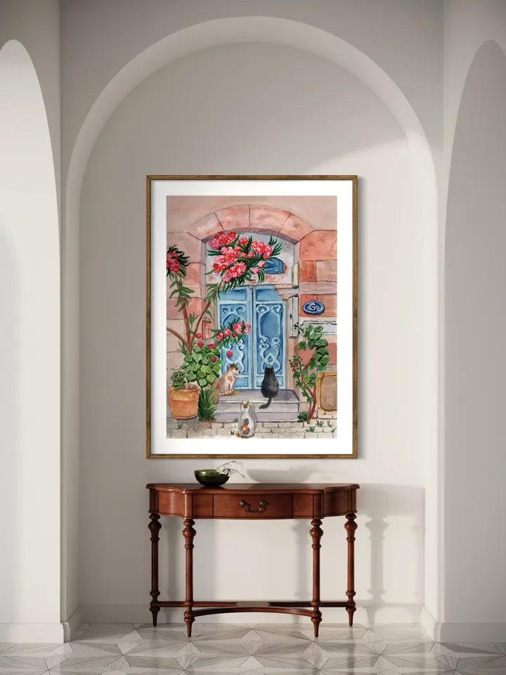 Cat Illustration Watercolor Painting Wall Art Print, Floral Illustration, Cat Home Gift, Gift For Plant Lover, Black Cat Art, Cat In Flower