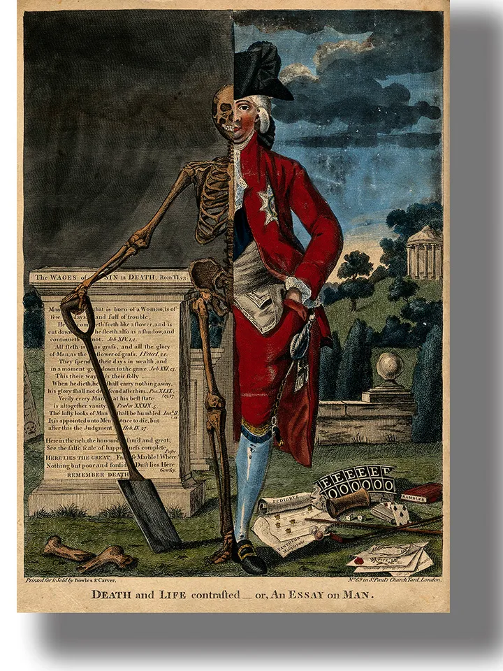 A man half human and half skeleton.