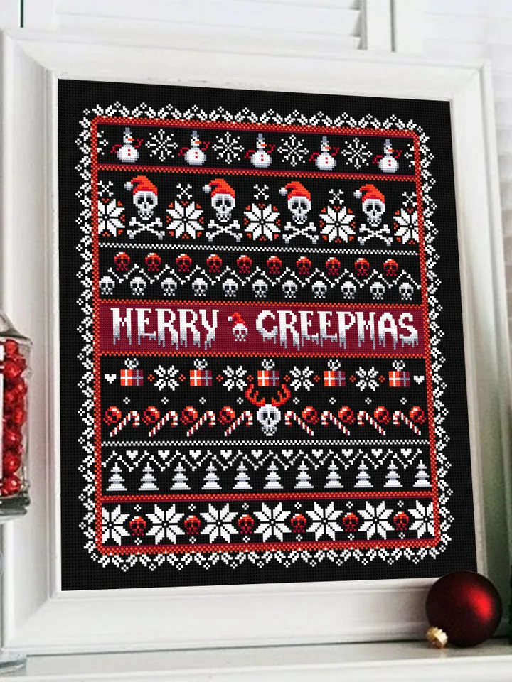 Gothic Christmas cross stitch pattern download PDF, Merry creepmas sampler, Spooky Christmas embroidery PDF, Creepy quaker cross stitch #N76