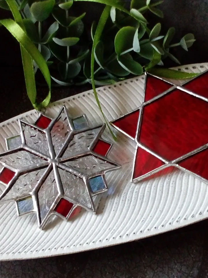 Set of 2 snowflake suncatchers, christmas ornaments, simple stained glass, Christmas decorations, Xmas tree star