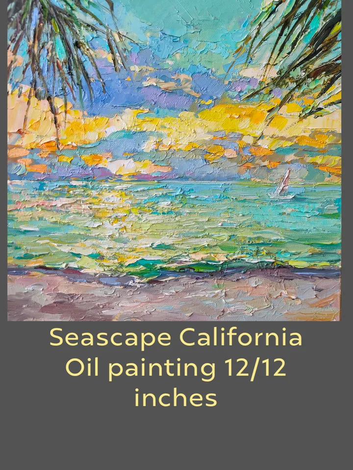 Seascape California Oil Painting Stretched on Frame Canvas 12/12 inch Original Art Colorful Seascape Oil Painting Made with Palette Knife by Nata_Lena_Art