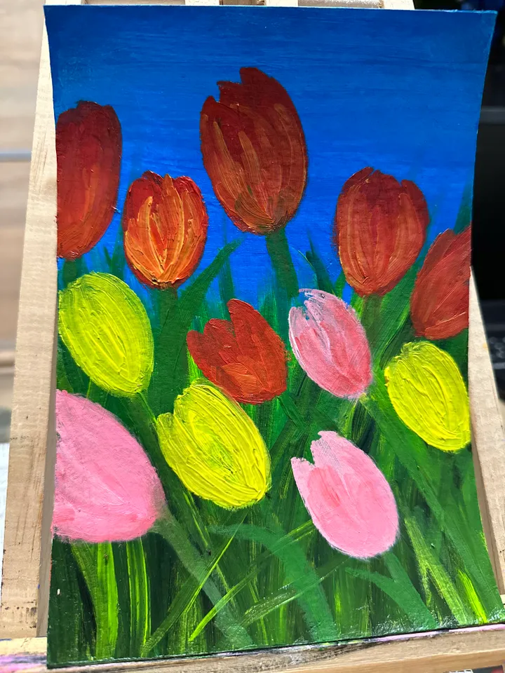 Oil Painting Tulips Spring Plants Flowers Nature Floral Art Wall Decor Miniature New Unframed Cardboard 8x6 Inches 21x15 cm